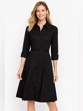 NWT Talbots Black Midi Button Down Dress Size 12P Cotton Cuff Sleeves Pleated